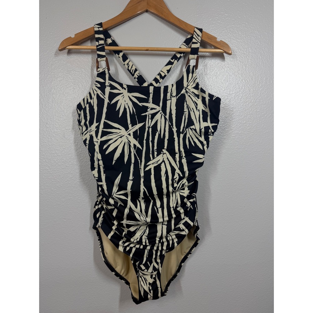 Lands End One‎ Piece Swimsuit Women's 12 Bamboo Print Ruched Underwire